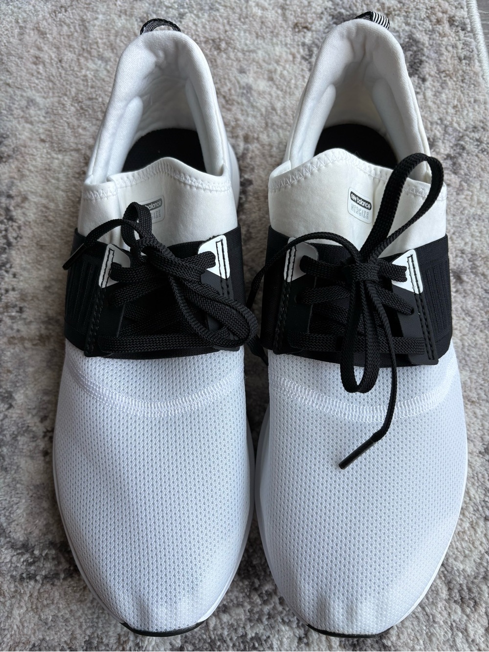 New Balance White and Black Slip-On Knit Sneakers with Lace Detail